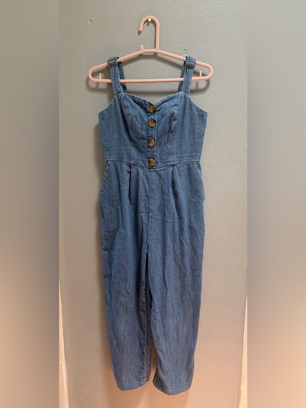 Old Navy Denim Button Front Cami Jumpsuit Light Wash Wide Leg Pockets Size XS